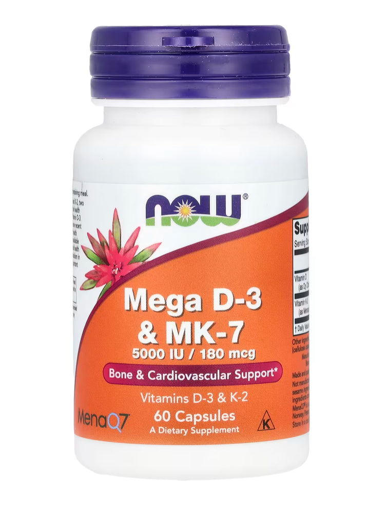 Now Foods Mega vitamina D3 y MK-7, 5000 UI, 180 mcg, 60 caps